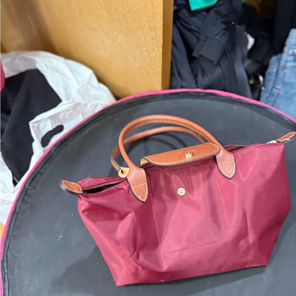 Longchamp Burgundy Tote with Brown Handles